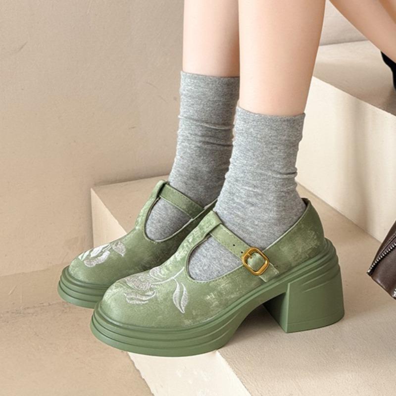 Fashion Mid Heels Women Chunky Shoes Embroidery Retro Sandals Summer Fad Heeled Loafer Shoes 2025 New Suede Casual Zapatillas De Mujer