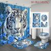 4Pcs White Siberian Tiger Shower Curtain Set with Non-Slip Bath Mat, Toilet Lid Cover, Contour Rug & 12 Hooks, Bathroom Decor