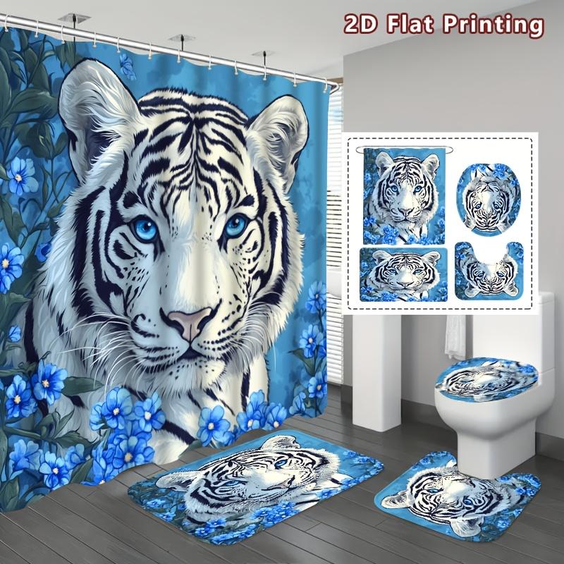 4Pcs White Siberian Tiger Shower Curtain Set with Non-Slip Bath Mat, Toilet Lid Cover, Contour Rug & 12 Hooks, Bathroom Decor