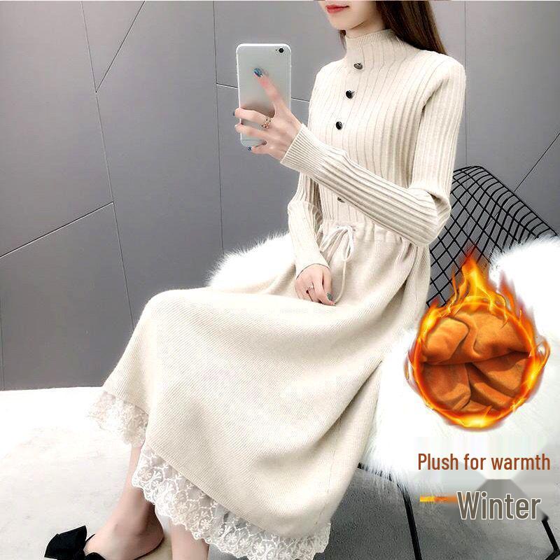 Women's Plus Velvet Thick Mid-Length Knit Sweater Dress - Loose Fit with Lace and Half-High Collar for Autumn and Winter
