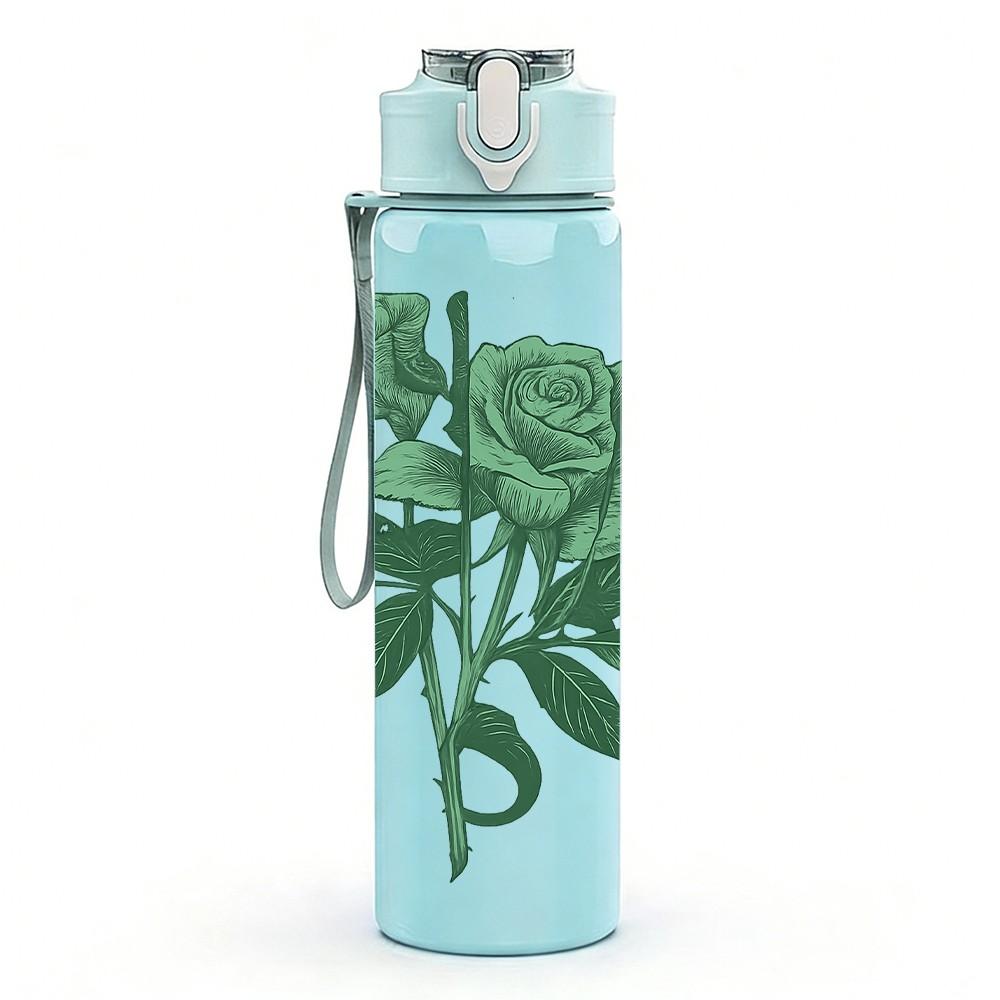 1PC Red Rose Flower 750ml Color Plastic Sports Water Bottle Leakproof Flip Straw Lid Suitable for Sports Office Home Use