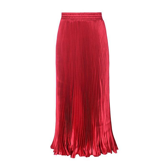Women Reflective Bright Satin Long Skirt with Solid Color Pleated A-Line Skirts for Fall