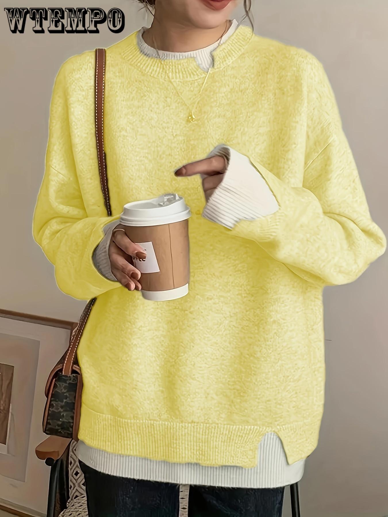 

Вязаный свитер 2 в 1 с цветными блоками больших размеров, повседневный свитер с длинными рукавами для осени и зимы, женская одежда больших размеров One Size жёлтый