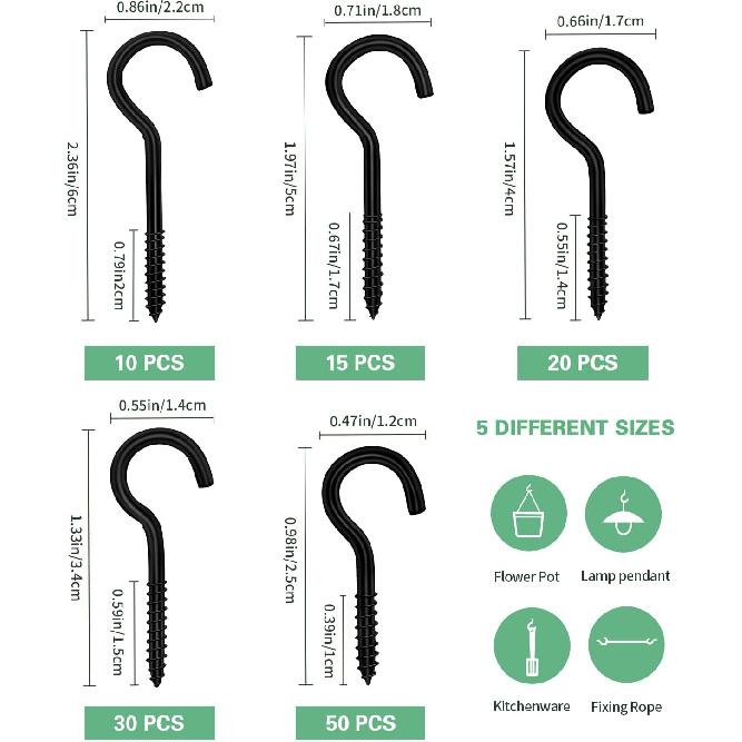 125 Pcs Screw Hooks in 5 Sizes – Cup Hooks for Hanging Plants, Mugs, Lights, and Ceiling Storage (Black)