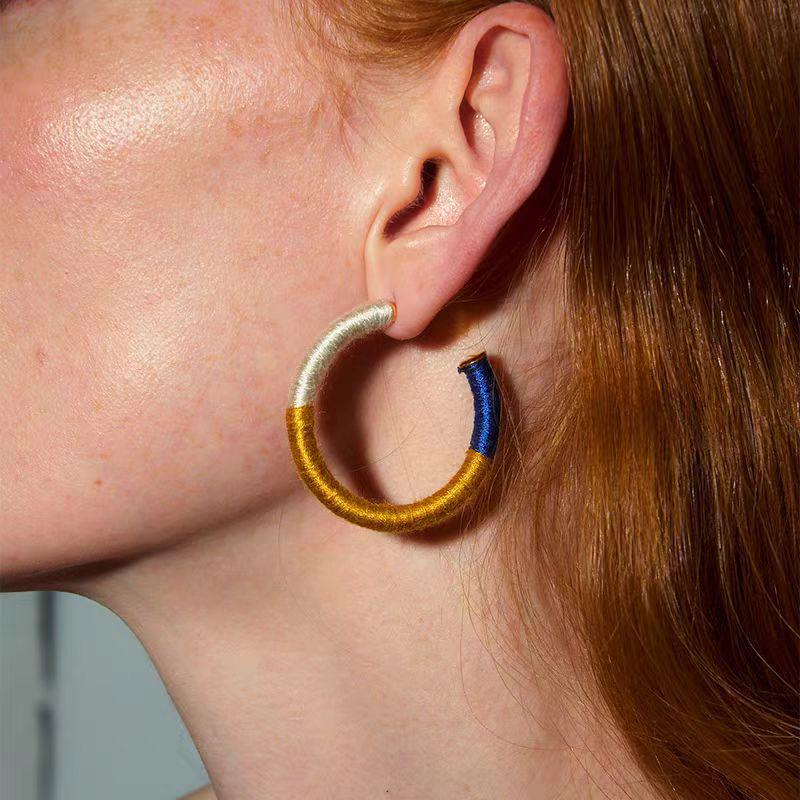 Retro Three-Color Wool Thread Hoop Earrings - Stylish, Versatile, Light Luxury Design for Women