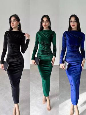 2024 Autumn/Winter Women's Slim Fit Pleated Long Sleeve Dress, Solid Color, Round Neck.