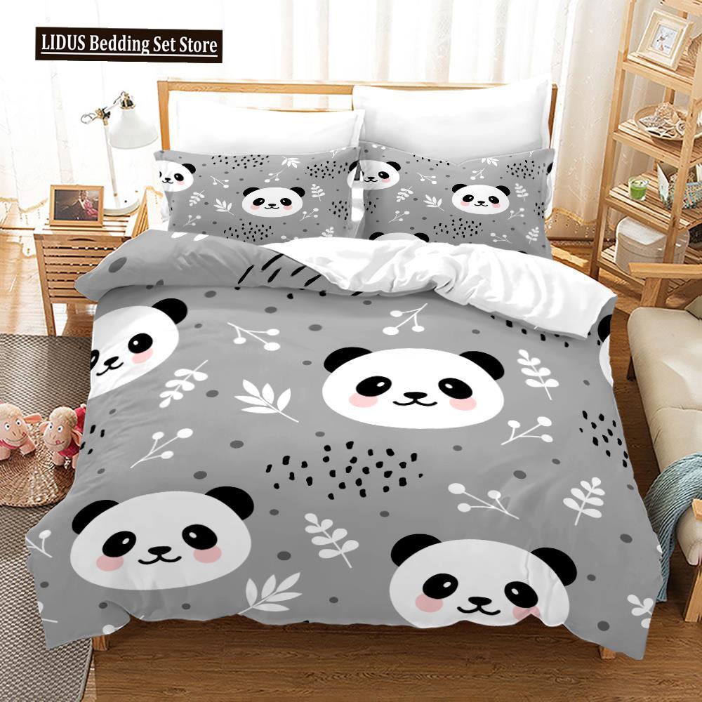 3D Panda Duvet Cover Set King Size Cute Panda Bamboo Bedding Set Black White Bear Polyester Quilt Cover For Boy Kid For Bedroom