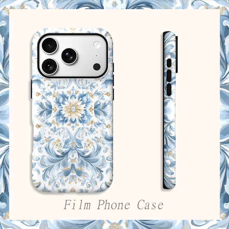 Refined Blue Gold Ornate Baroque Floral Pattern Graphic Art Film Aesthetic Protective Shockproof Bumper Case Cover For iPhone 13 14 15 16 Pro Max Plus