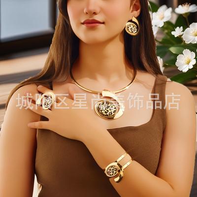 Vintage Leopard Print 5-piece Set Elegant Golden Letter Collar and Earrings, Ring, Bracelet Set