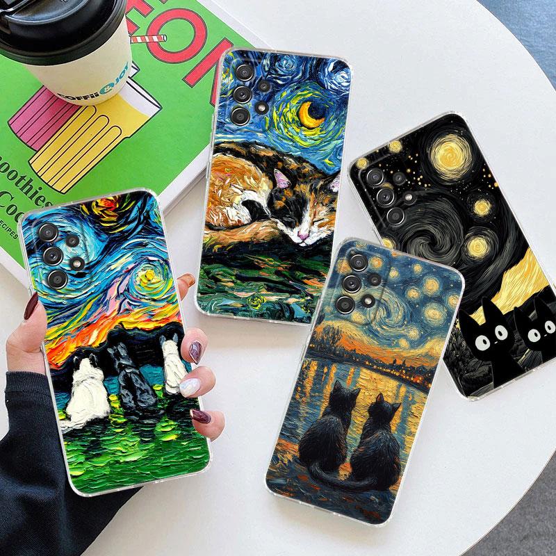 Cat Van Gogh Starry Night Painting Phone Case For Samsung Galaxy A56 A57 A37 A55 A54 A36 A35 A26 A25 A16 A17 A07 A52 A21s Cover
