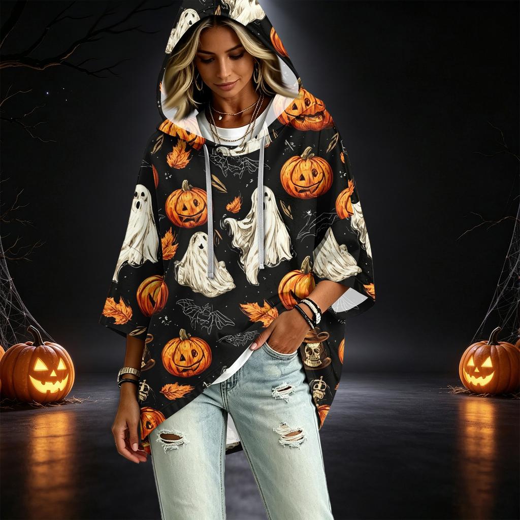 Women's Pullover Hooded Top with Three-Quarter Sleeves and Halloween Print for Costume Party