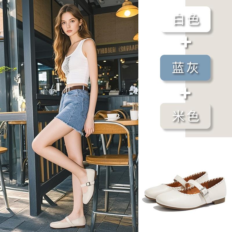 First layer sheepskin Mary Jane shoes women's 2025 summer shallow mouth buckle fashion single shoes casual women's shoes versatile ballet shoes