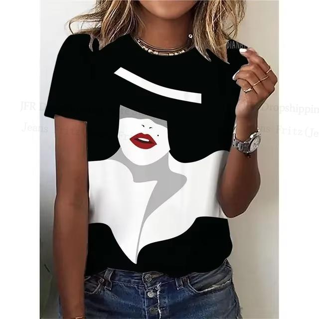 Summer Round Neck 3D Lady Face Graphic Print Top Fashionable Casual Short Sleeved Women's T-shirts