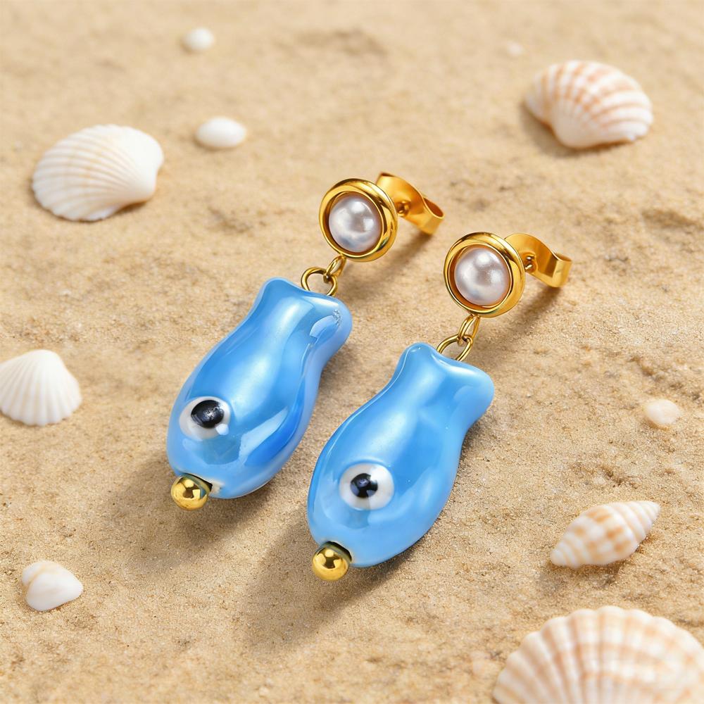 Stainless Steel Earrings Colorful Ocean Ceramic Fish Drop Dangle Earrings for Women Summer Beach Holiday Handmade Jewelry Gift