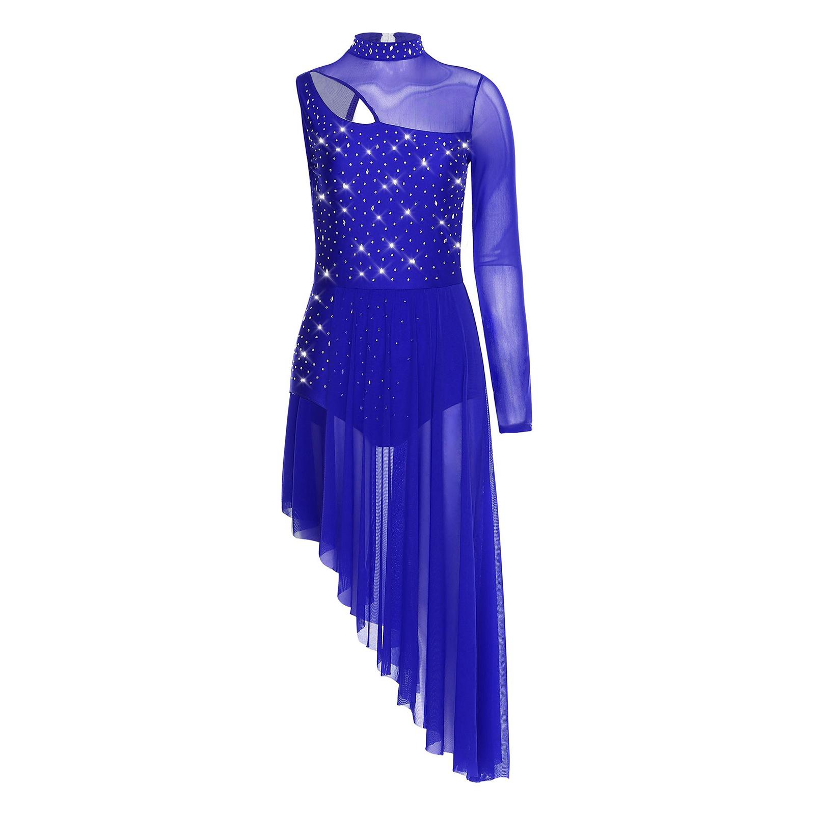 Abito da danza lirica asimmetrico da donna collo alto ritaglio mesh trasparente strass lucenti costume da spettacolo L blu