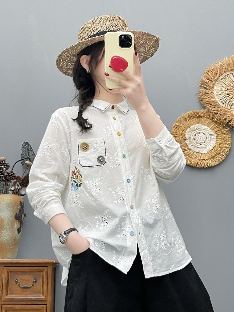 Women's Floral Embroidery Button-Up Long-Sleeve Jacquard Top for Spring and Fall