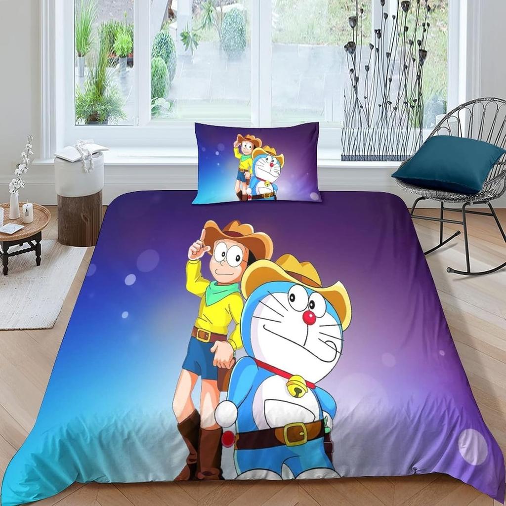 Utsøkt 3D Tegneserie Katt Bakgrunn D-Doraemon Trykk Sengetøy Sett Dynetrekk Dyne Seng Ungdom Barn Jenter Gutter Gave