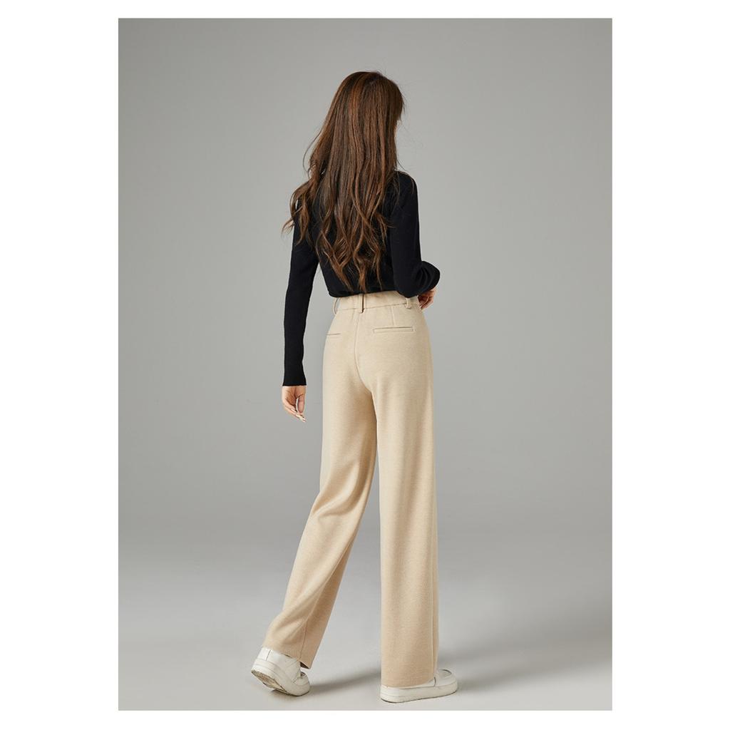 Women's High Waist Straight Leg Long Pants Wool Blend Loose Fit Casual Trousers