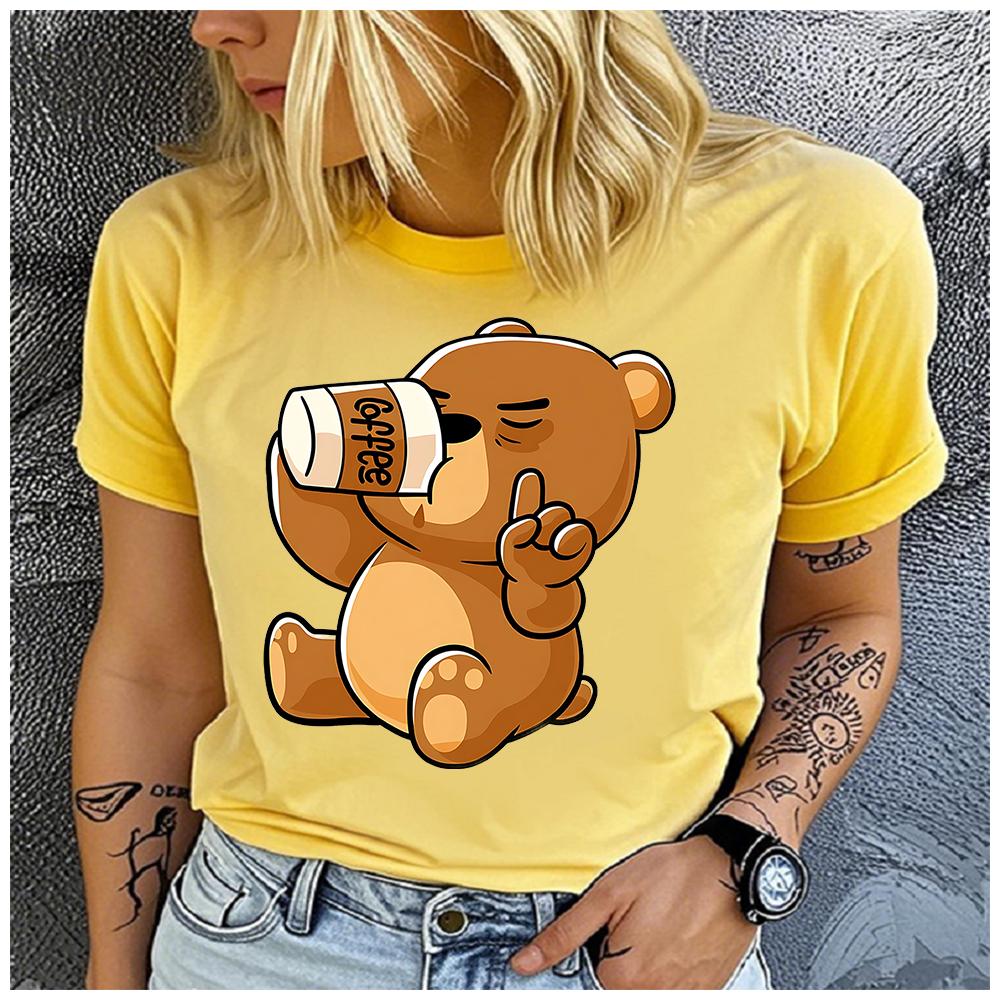 Unisex 100% Polyester Cartoon Brown Bear Print Loose Round Neck Casual Short Sleeve T-Shirt Fashion Top for Summer