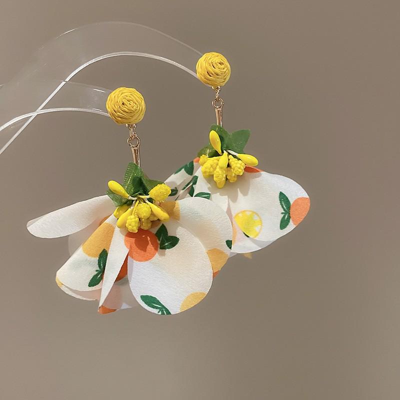 Silver Needle Chiffon Flower Tassel Earrings, Sweet Mori Style, Dopamine Trend, Versatile Women’s Earrings