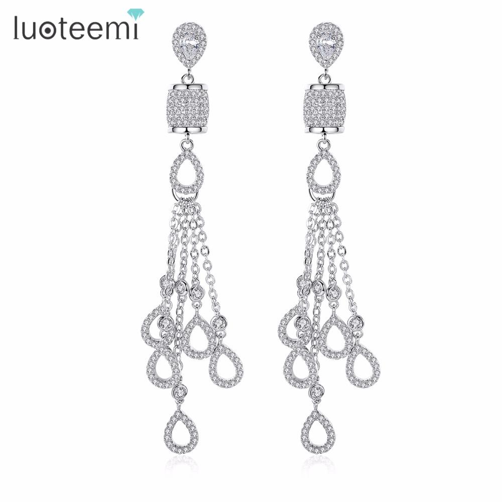 LUOTEEMI Fashion White Gold Color Waterdrop Tassels Dangle Earrings with Tiny Cubic Zirconia Micro Paved Wedding Party Earrings