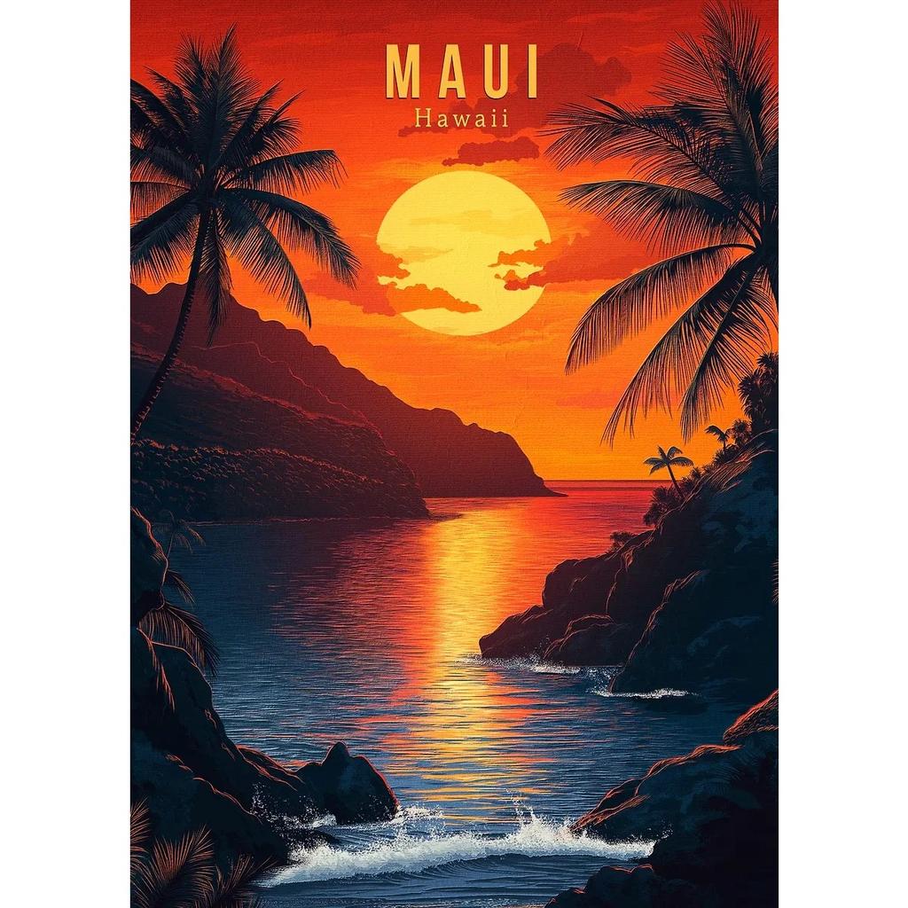 Hawaii Travel Posters Oahu Waikiki Sunset Vintage Tropical Prints Beach Ocean Canvas Painting Wall Art Pictures Home Room Decor