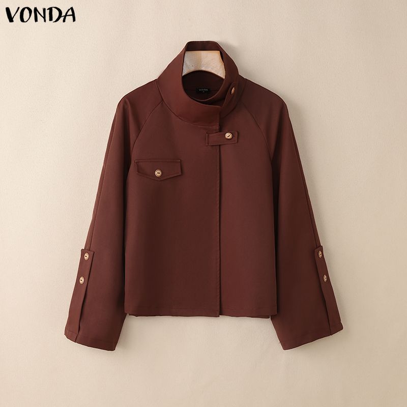 VONDA Autumn Spring Women Stand Collar Button Long Sleeve Casual Loose Short Jacket Gargo Thin Coats