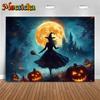 Mocsicka Halloween Witch Photo Backgrounds Shooting Props Moon Castle Bat Jack-O-Lanterns Party Decorations Photography Backdrop