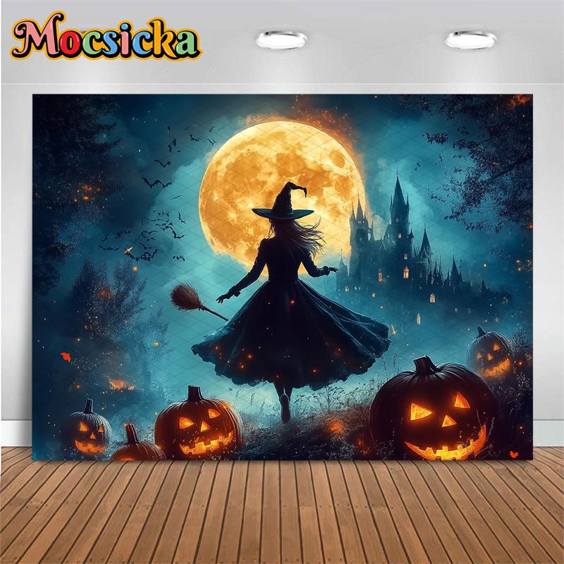 Mocsicka Halloween Witch Photo Backgrounds Shooting Props Moon Castle Bat Jack-O-Lanterns Party Decorations Photography Backdrop