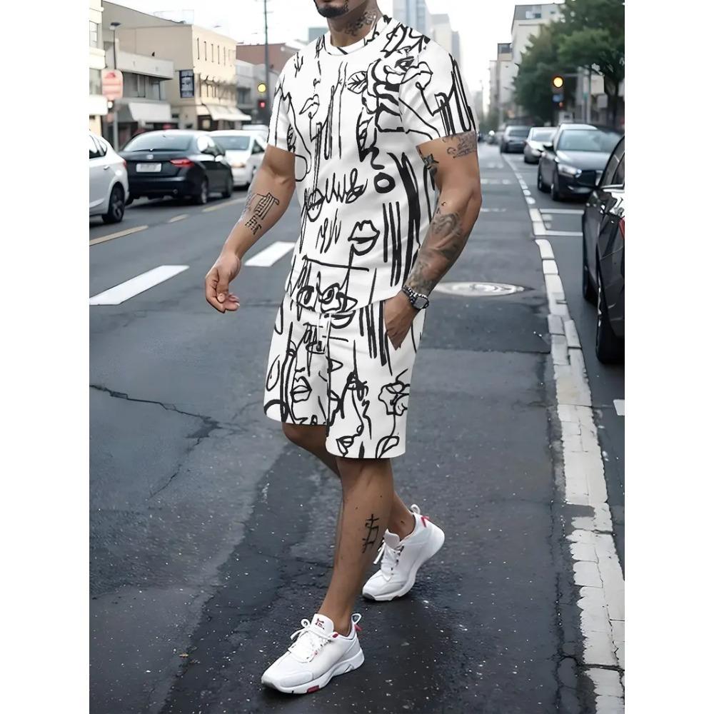 Summer Men's Clothing Letter Print Short Sleeve Top Men's Elastic Waist Shorts 2-piece Set Plus Size T Shirts Shorts Set