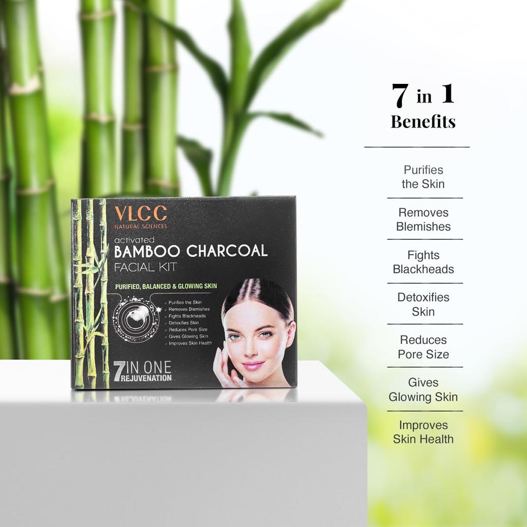 VLCC Activated Bamboo Charcoal Facial Kit 60g Pack of 1 for Purified Balanced Glowing Skin Care