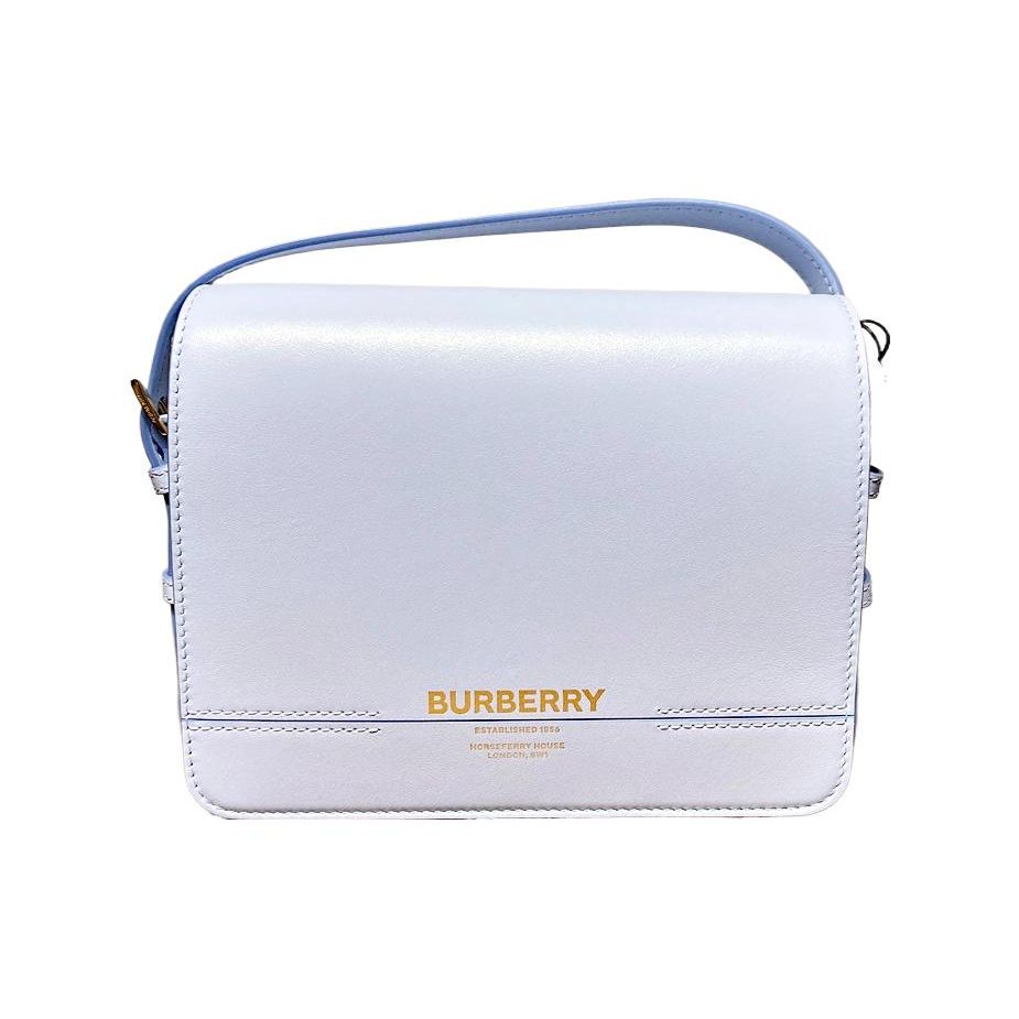 Burberry Grace Leather Crossbody Bag, White & Light Blue Gold-Tone Hardware Shoulder Handbag for Women, Daily Commute & Casual Outing 80670371