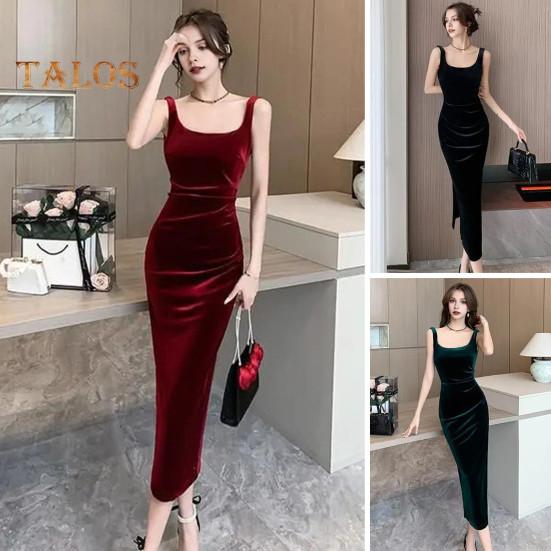 Letní Dámské Večerní šaty Slim Fit Bez rukávů Bez záda Čistá barva Dělený lem Sametový výstřih ve tvaru U Výstřih Prom Cocktail Party Midi šaty