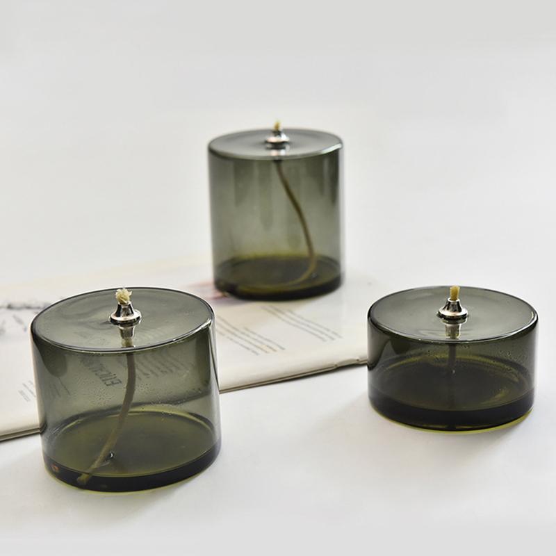1PC Table Candle Rustic Oil Lamp with Wick Home Decoration Grey Green Cylindrical Transparent Glass Candlestick Christmas Dinner