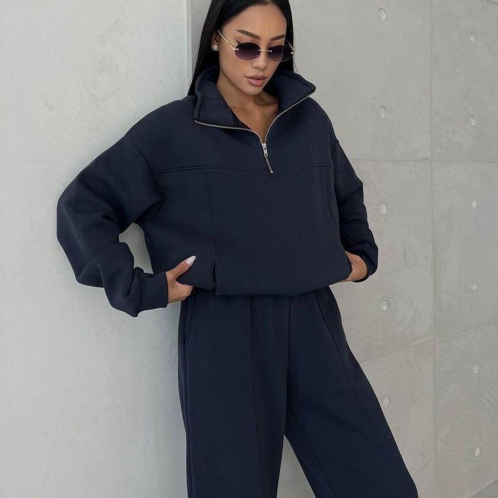 Europäischer und Amerikanischer Stil Lässiger Patchwork Verdickter Langarm-Sweatshirt und Hosen Set 2025