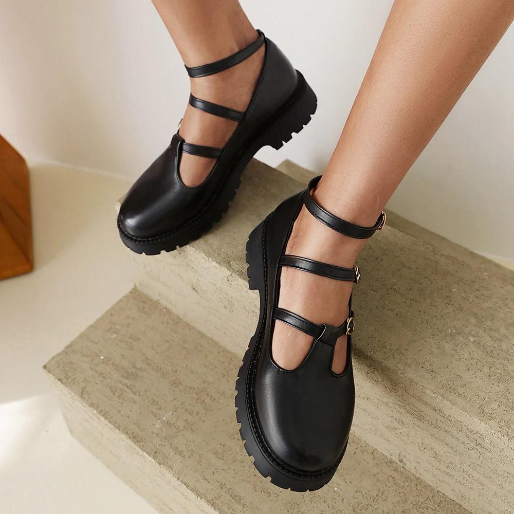 Fashion 2025 Women Flats Ankle Strap Buckle Loafers Fashion Round Toe Platform Casual Shoes Ladies Retro British Style Size 34-42 Green