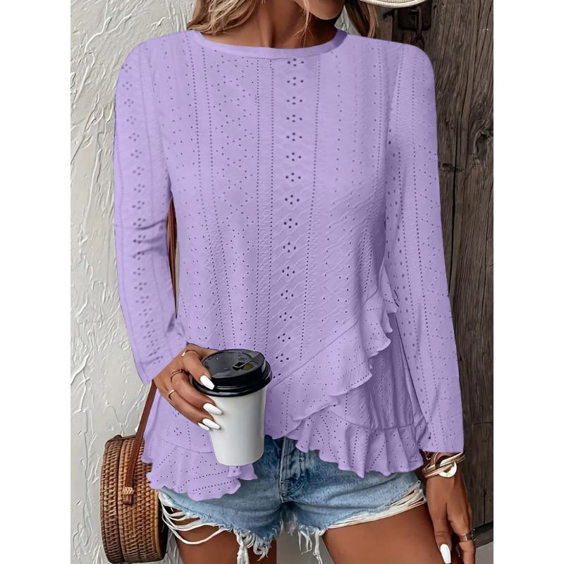 Nye vår- og sommerdameklær og avslappede ensfargede langermede t-skjorter med rund hals