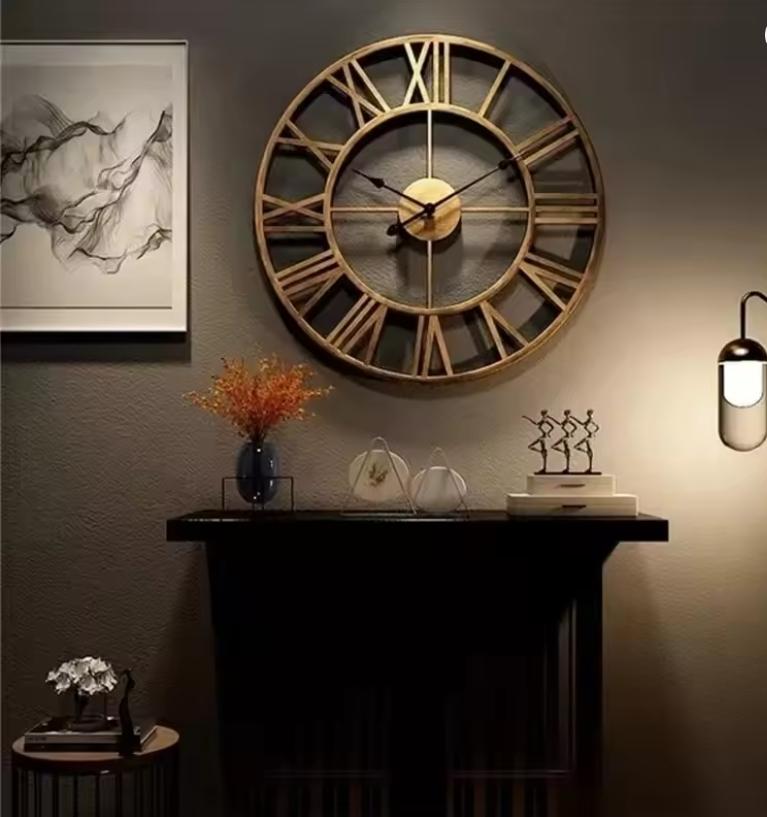 Modern 3D Large Wall Clocks Roman Numerals Retro Round Metal Iron Silent Nordic Hanging Clock Home Living Room Decoration