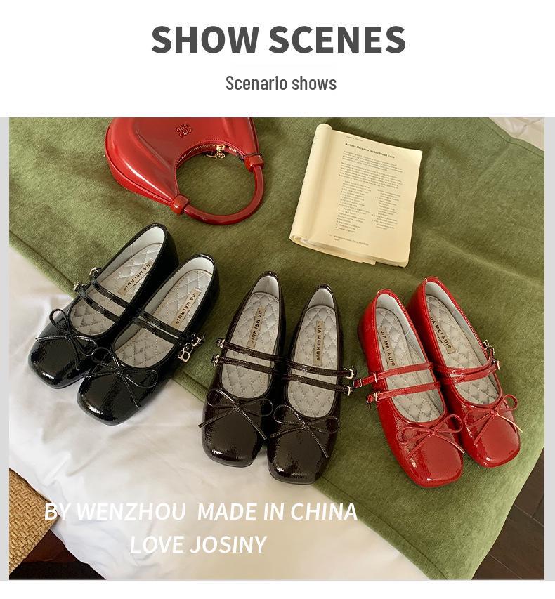 In Stock Rockfish Patent Leather Mary Jane Ballet Flats with Double Strap Bow - Women's Round Toe Low-Cut Shoes