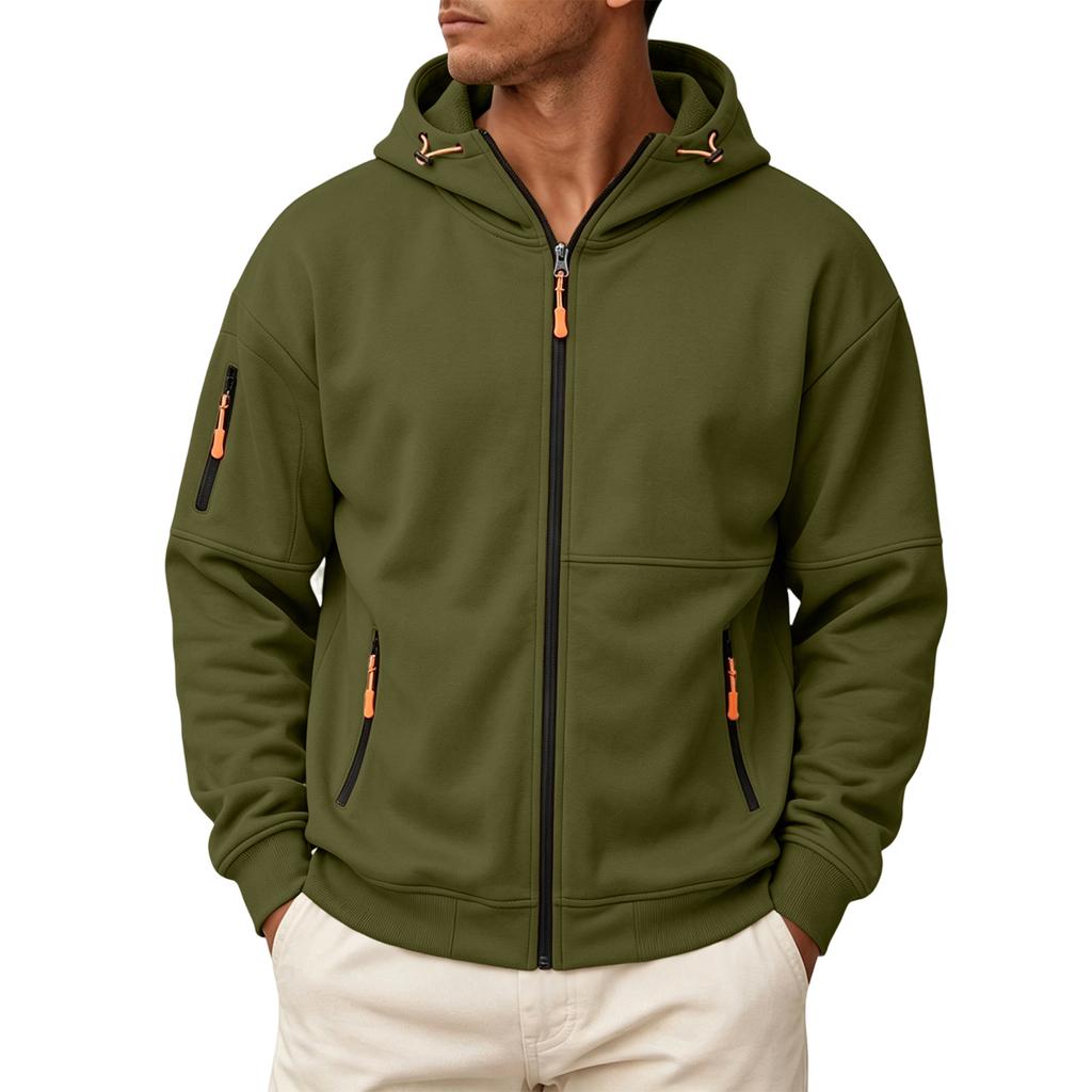 Men's Casual Long Sleeve Hooded Zip-Up Sweatshirt with Multiple Pockets and