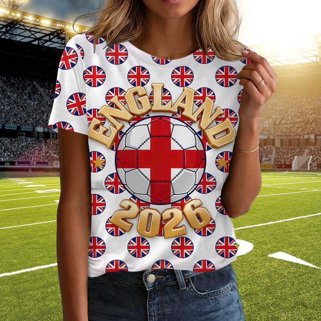 Ladies Casual Pullover T Shirt Short Sleeve Crew Neck Top with Letter Print for Football Support England 2026