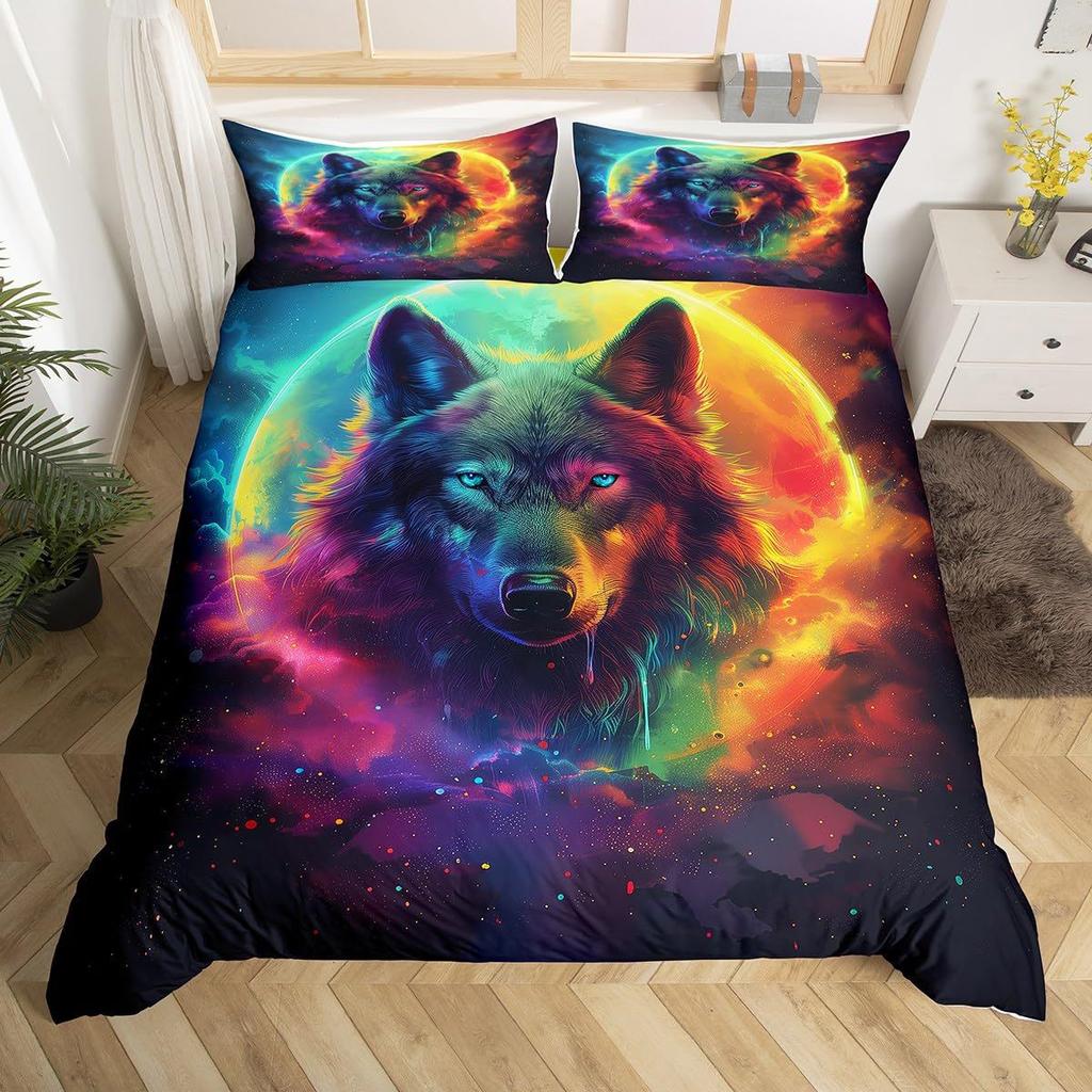 Wolf Sternenhimmel Wald Bedrucktes Bettbezug-Set Bettwäsche-Set für Schlafzimmer Dreiteiliges Set
