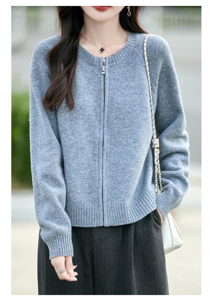 Women's Pure Wool Zipper Cardigan - Thick, Round Neck, Casual, Loose Fit Sweater for Autumn & Winter