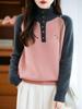 Women's Stand Collar Thick Embroidered Wool Sweater - Autumn/Winter Knitwear with Color Block and Small Horse Logo