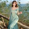 French Haute Dress Dress Holiday Style Waist Mint Green Greek Style Suspender Ribbon Pleated Dress Women's Summer