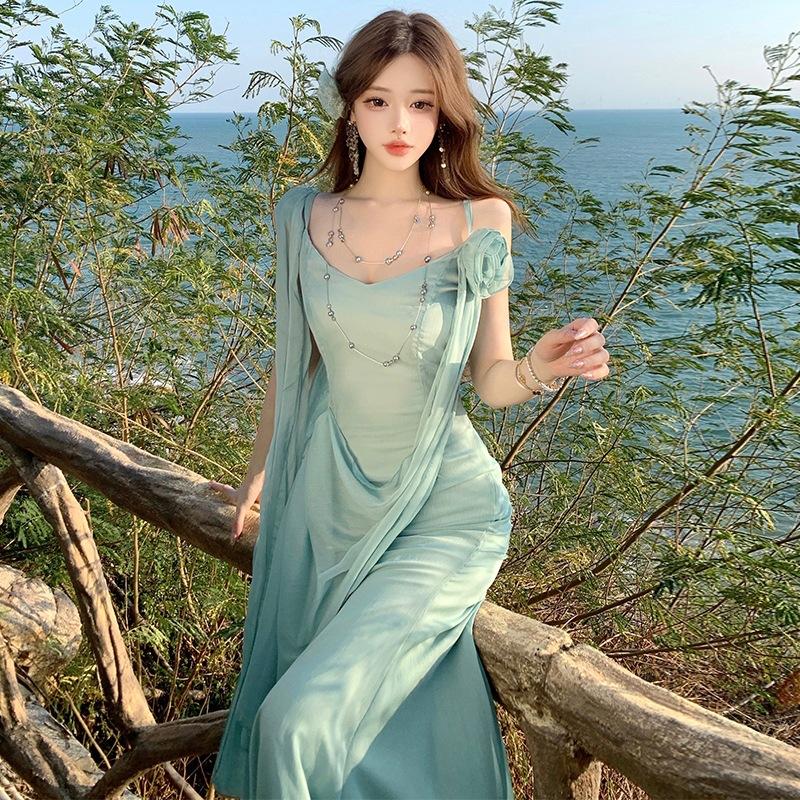 French Haute Dress Dress Holiday Style Waist Mint Green Greek Style Suspender Ribbon Pleated Dress Women's Summer