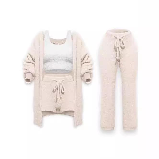 Damen Flauschige 4-teilige 4 Pe Outfits Rundhals Crop Tanktops Langarm Fleece Warm Kapuzen-Cardigan Shorts Set Loungewear