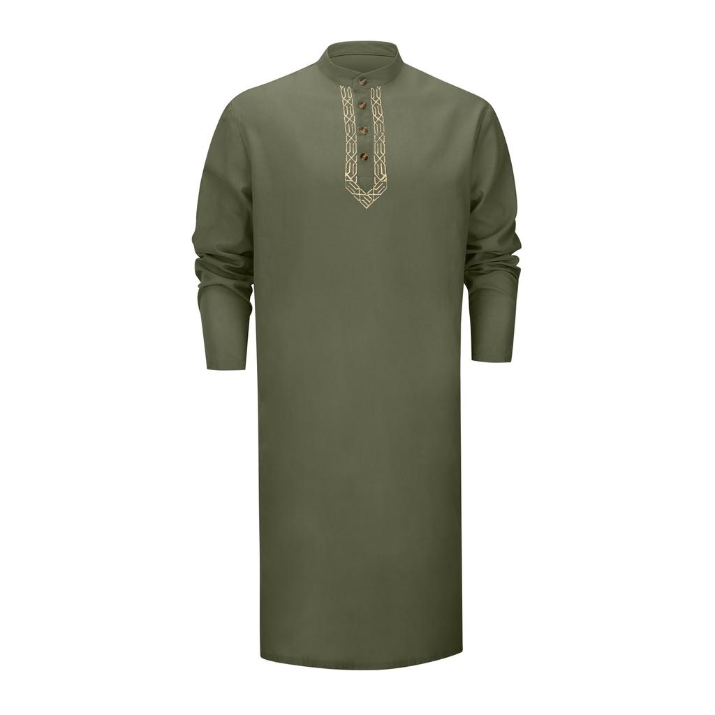 Mens Kaftan Thobe Button Down Casual  Shirts Long Sleeve Robe Cotton Linen Muslim Gown Shirt