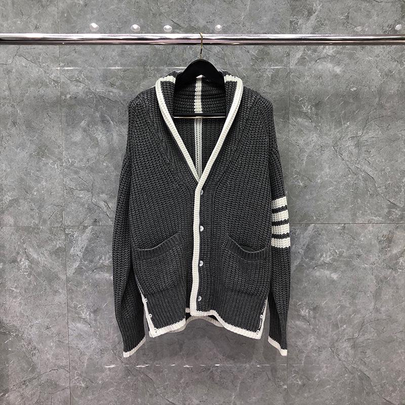TIME BREATHE Men's Slim Fit V-Neck Cardigan, Classic Style, Thick Knit, White Edged Sweater Jacket, Trendy.