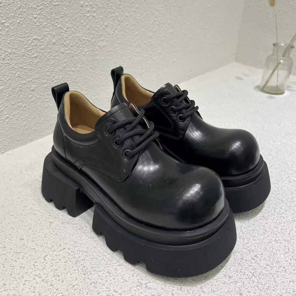 Fashion Genuine Leather Round Toe Loafers Women's Thick-Soled Lace-Up Black Patent Leather Platform Shoes Fashion 2025 Spring New Shoes